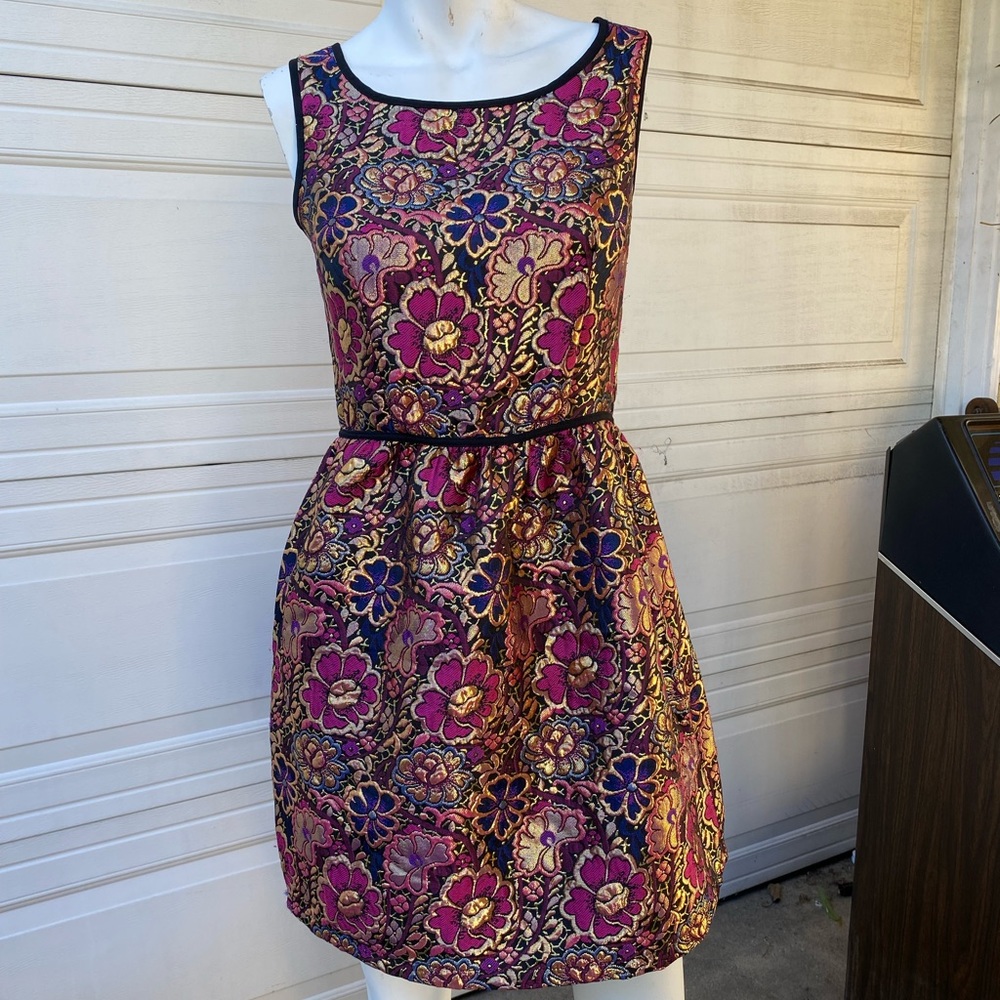 Ladies mini mod floral regal brocade day summer dress vintage hippie boho